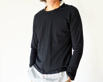 MEN RAGLAN SHIRT with stand-up collar in black with white