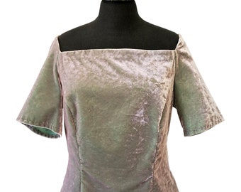 WOMEN VELVET TOP off-shoulder, silver-green iridescent, cotton
