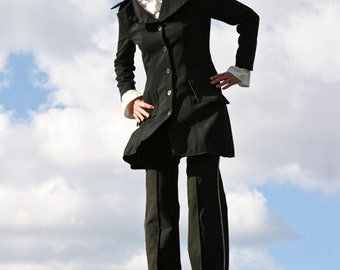 BLACK WOOL PANTS for women with piping and tucks