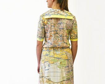 BERLIN DRESS with belt + sailor collar, GDR city map 1960