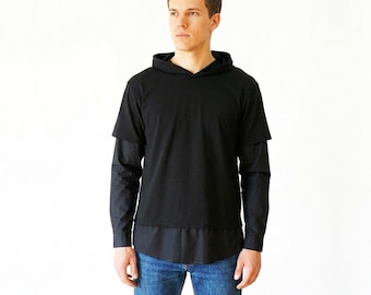 MEN HOODY SHIRT in white or black, Cotton jersey & woven fabric