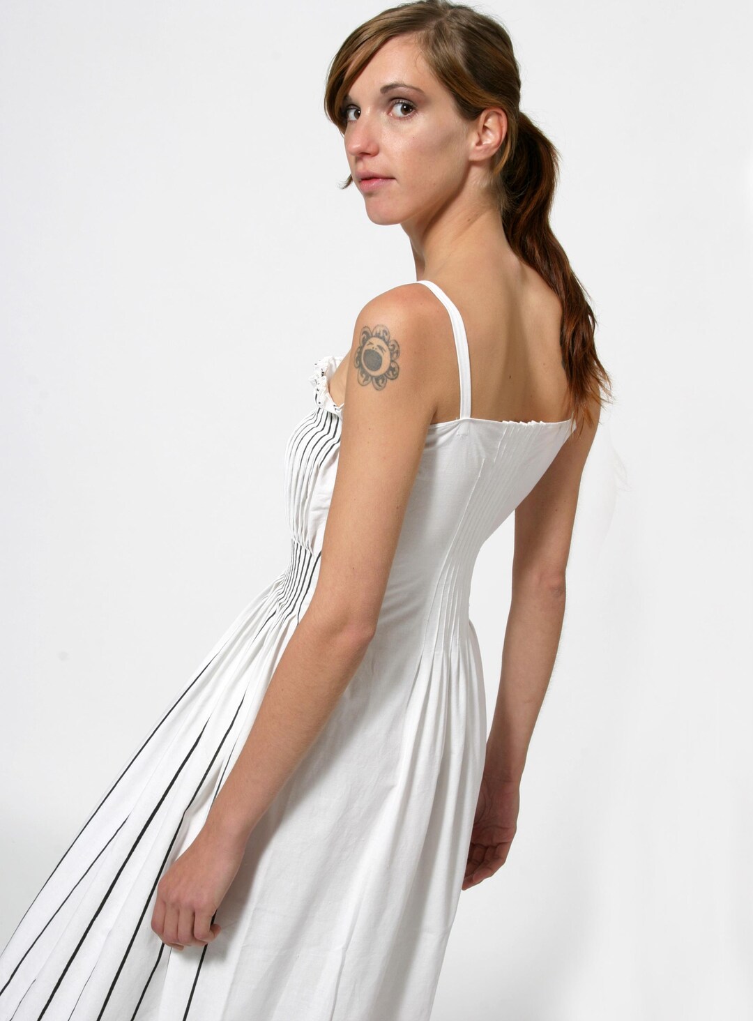 WOMEN DRESS With PLEATS Unique Long, White With Black Screen