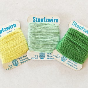 Vintage DDR farbiger Stopfzwirn VEB Alwo Altenburger Wollspinnerei, Retro Stopfgarn gelb mint grün