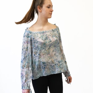 SILK VELVET BLOUSE off-shoulder translucent in blue and red