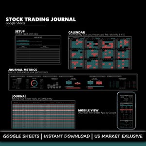 以下が含まれることがあります： Google スプレッドシート用のデジタル株式取引ジャーナル。画像には、セットアップガイド、カレンダー、ジャーナルメトリック、モバイルビューが表示されています。ジャーナルを使用すると、取引を記録し、パフォーマンスを監視できます。テキストには「Google スプレッドシート」、「インスタントダウンロード」、および「US Market Exclusive」が含まれています。