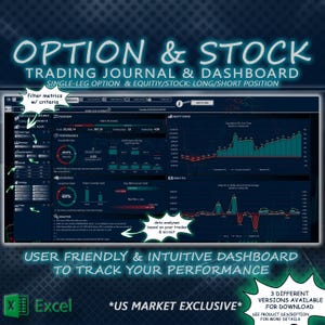以下が含まれることがあります： オプションと株式の取引パフォーマンスを追跡するための、濃い青と緑のExcelスプレッドシートダッシュボード。ダッシュボードには、利益、パフォーマンス、統計、エクイティカーブなど、さまざまな指標が含まれています。画像の上部には「OPTION & STOCK TRADING JOURNAL & DASHBOARD」というテキストが表示されています。画像の下部には「*US MARKET EXCLUSIVE*」というテキストが表示されています。