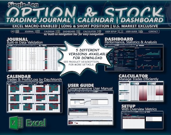 May include: A colorful graphic showing a Microsoft Excel spreadsheet template for single-leg option and stock trading. The template includes a journal, calendar, dashboard, calculator, user guide, and setup. The text "5 Different Versions Available for Download" is in a white circle with a black outline.