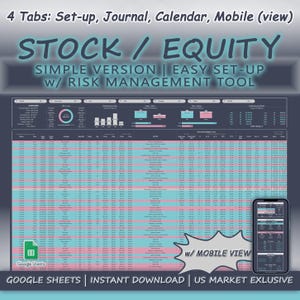以下が含まれることがあります： 青とピンクのカラーテーマのカラフルなスプレッドシート。スプレッドシートのタイトルは「STOCK / EQUITY」で、その下に「SIMPLE VERSION | EASY SET-UP w/ RISK MANAGEMENT TOOL」というテキストがあります。スプレッドシートには、「Set-up」、「Journal」、「Calendar」、「Mobile (view)」の4つのタブがあります。スプレッドシートは、株式とエクイティの投資を追跡するために設計されています。スプレッドシートは、すぐにダウンロードでき、米国市場限定です。スプレッドシートはGoogle Sheetsと互換性があります。