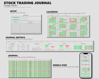 Könnte beinhalten: Eine Google Sheets-Vorlage für ein Aktienhandelstagebuch. Die Vorlage enthält Abschnitte für die Einrichtung, den Kalender, die Journalmetriken und das Journal. Die Vorlage soll Benutzern helfen, ihre Trades zu verfolgen, ihre Performance zu analysieren und ihre Trades einfach und effektiv aufzuzeichnen. Die Vorlage steht zum sofortigen Download bereit und ist exklusiv für den US-Markt.