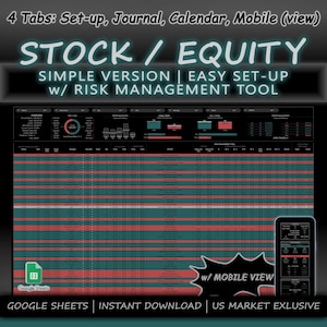 以下が含まれることがあります： 株式とエクイティの投資を追跡するためのGoogleスプレッドシートのテンプレートです。スプレッドシートには、設定、ジャーナル、カレンダー、モバイル（表示）の4つのタブがあります。テンプレートには、リスク管理ツールとモバイルビューが含まれています。スプレッドシートの上部には、大きな太字で「STOCK / EQUITY」というテキストが表示されます。タイトルの下には、「SIMPLE VERSION | EASY SET-UP」というテキストが表示されます。サブタイトルの下には、「w/ RISK MANAGEMENT TOOL」というテキストが表示されます。スプレッドシートの下部には、「GOOGLE SHEETS | INSTANT DOWNLOAD | US MARKET EXCLUSIVE」というテキストが表示されます。