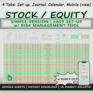 以下が含まれることがあります： 株式と自己資本への投資を追跡するためのGoogleスプレッドシートのテンプレートです。スプレッドシートには、設定、ジャーナル、カレンダー、モバイル（表示）の4つのタブがあります。スプレッドシートは、簡単に設定できるように設計されており、リスク管理ツールが含まれています。スプレッドシートは、すぐにダウンロードでき、米国市場限定です。