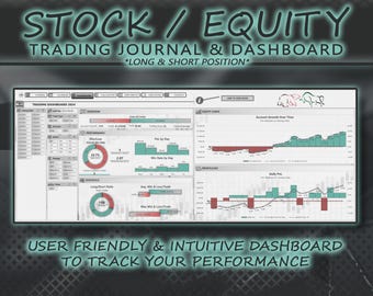 May include: A computer screen displaying a stock and equity trading journal and dashboard in Excel. The dashboard includes charts and graphs showing account growth over time, daily profit, win rate by day, and other trading statistics. The text "STOCK / EQUITY TRADING JOURNAL & DASHBOARD *LONG & SHORT POSITION*" is at the top of the screen. The text "USER FRIENDLY & INTUITIVE DASHBOARD TO TRACK YOUR PERFORMANCE" is at the bottom of the screen. The text "*US MARKET EXCLUSIVE*" is at the bottom of the screen.