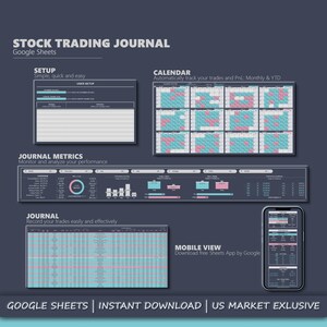 以下が含まれることがあります： 株式取引ジャーナル用のGoogleスプレッドシートテンプレートで、設定、カレンダー、ジャーナルメトリクス、ジャーナルのセクションがあります。このテンプレートは、ユーザーが取引を追跡し、パフォーマンスを分析するのに役立つように設計されています。画像には、テンプレートのモバイルビューも表示されています。