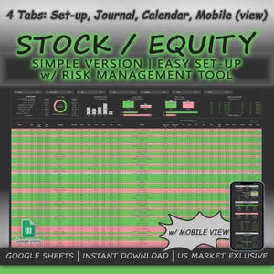 以下が含まれることがあります： 株式とエクイティの投資を追跡するための緑とピンクのGoogleスプレッドシートテンプレート。テンプレートには、設定、ジャーナル、カレンダー、モバイル（表示）の4つのタブが含まれています。スプレッドシートにはリスク管理ツールが含まれており、すぐにダウンロードできます。スプレッドシートの上部には、大きな緑色の文字で「STOCK / EQUITY」というテキストが表示されています。