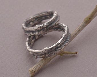 Twig Bridal Set, Tree Branch Matching Wedding Bands, Sterling Silver Promise Rings for Her and Him, 4.7mm wide, BE104
