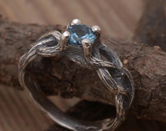 Blue Topaz Twig Ring: Sterling Silver Twisted Branch Anniversary Ring| 15% OFF Annual Sale