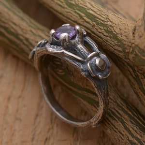 Leaf and Flower Ring with Amethyst  Gemstone, Sterling Silver Branch, DA545