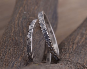 Conjunto de alianzas de boda de plata de corteza de árbol, anillos de árbol genealógico para él y para ella, conjunto nupcial inspirado en la naturaleza de 2 mm de ancho, BE188