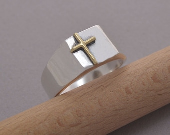Cross Ring for Men, Sterling Silver and 14KT Gold Mens Ring, Christian Gift for Him, DA122