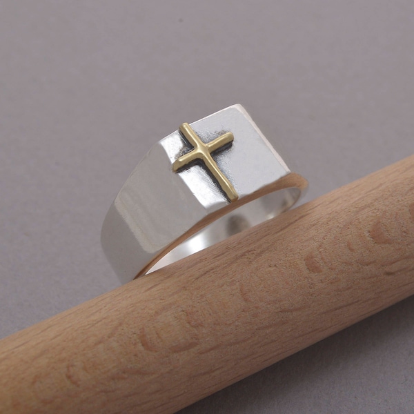 Anello a croce da uomo, anello da uomo in argento sterling e oro 14 carati, regalo cristiano per lui, DA122