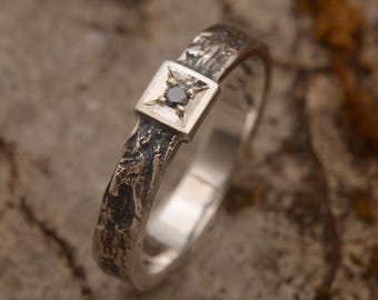 Black Diamond Promise Ring for Man or Woman, Sterling Silver Tree Bark Ring DA1039| 15% OFF Annual Sale