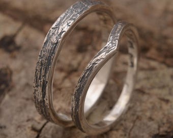 Nature inspired wedding band set, Sterling silver V shape ring for her, wood bark rings, 2mm & 4mm wide, BE270| 15% OFF Annual Sale