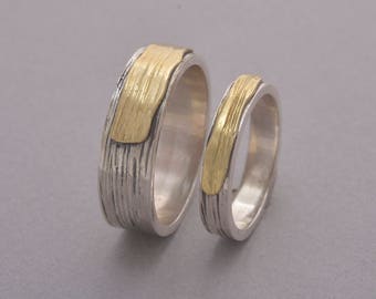 Sterling Silver & Gold Matching Wedding Bands, His Band 8mm Wide, Her Band 4.5mm, Custom Promise Ring Set, BE96