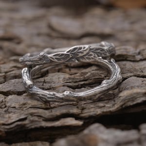 Sterling silver twig commitment ring set, engagement leaf ring and matching branch wedding band, DM20