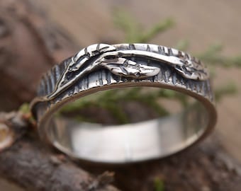 Forest Inspired Ring, Branch & Leaves Artistic Band, Sterling Silver Plant Jewelry, DA524