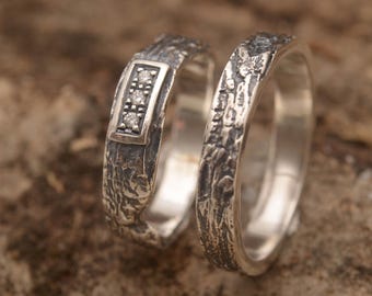 Rustic Tree Bark Sterling Silver Wedding Band Set, White Topaz Womens Ring, Nature Inspired BE250| 15% OFF Annual Sale