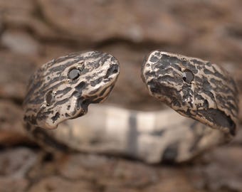 Oxidized Sterling Silver Mens Ring: Tree Bark Band with Black Diamonds, DA1026| 15% OFF Annual Sale
