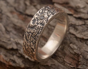 Sterling Silver Tree Bark Ring for Men: Black Diamond Gemstone Band, DA1027| 15% OFF Annual Sale