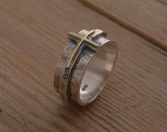 Christian Ring for Men, Cross Ring in Sterling Silver and 14KT Gold, DA367