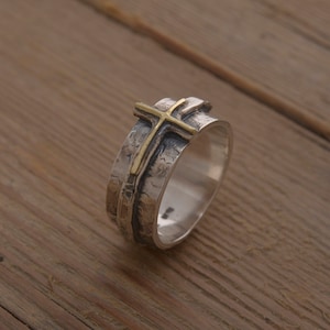 Christian Ring for Men, Cross Ring in Sterling Silver and 14KT Gold, DA367