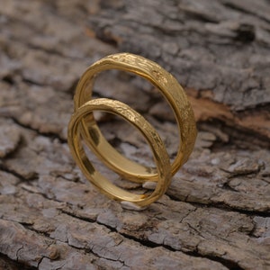 Matching Tree Bark Wedding Bands in Gold Plated Sterling Silver, 3.3mm and 2mm wide, Unique Wedding Set, BE164 image 1