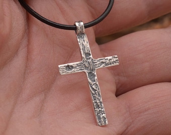Christian cross necklace, sterling silver tree bark cross, forest inspired religious jewelry, ST903