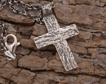 Tree bark sterling silver cross necklace for men women, Forest inspired Christian Pendant, ST910