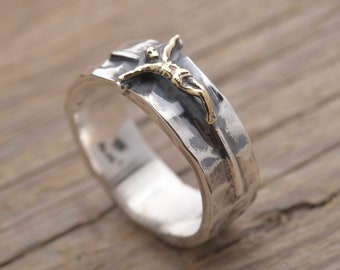 Crucifix Ring, Sterling Silver and Gold 14KT Jesus Band Ring 8mm wide, Artistic Christian Jewelry DA529