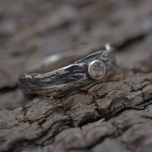 White Topaz Engagement Ring, Sterling Silver Tree Bark Ring DM15