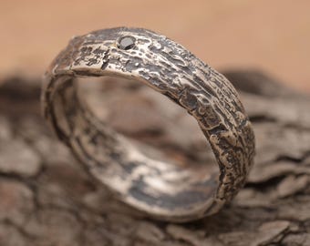 Tree Bark Sterling Silver Mens Ring with Black Diamond, DA1025| 15% OFF Annual Sale