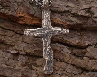 Artistic branch cross necklace, sterling silver tree bark cross, forest inspired Christian jewelry, ST907