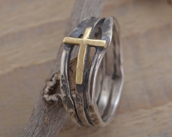 Womens Cross Ring, Sterling Silver & Gold 14KT Ring of Faith, Precious Christian Jewelry, DA256