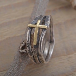 Womens Cross Ring, Sterling Silver & Gold 14KT Ring of Faith, Precious Christian Jewelry, DA256