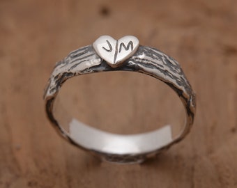 Heart Tree Bark Ring, Customized with your initials, Sterling Silver Twig Heart Ring DA570