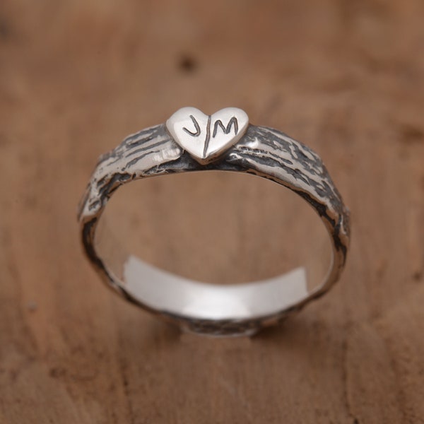 Heart Tree Bark Ring, Customized with your initials, Sterling Silver Twig Heart Ring DA570