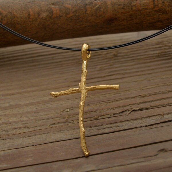 Womens Twig Cross, Gold Plated Silver Cross Necklace, Tree Branch Cross on Cord, Modern Christian Jewelry ST758