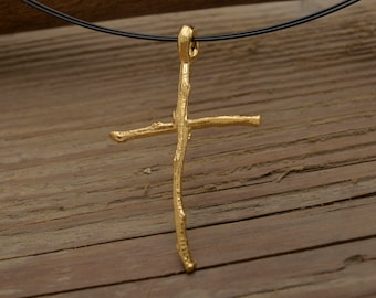 Gold Plated Sterling Silver Twig Cross Necklace: Modern Christian Jewelry, ST758