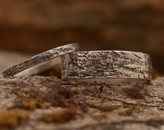 Forest inspired wedding band set, Sterling silver wood bark rings, 2mm & 6mm wide, BE252| 15% OFF Annual Sale