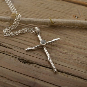 Aquamarine Cross Necklace, Sterling Silver Gemstone Cross, Tree Branch Cross for Women, Narure Inspired, ST768