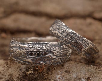Rustic Tree Bark Sterling Silver Wedding Bands, Black spinel and white topaz gemstones, BE253| 15% OFF Annual Sale